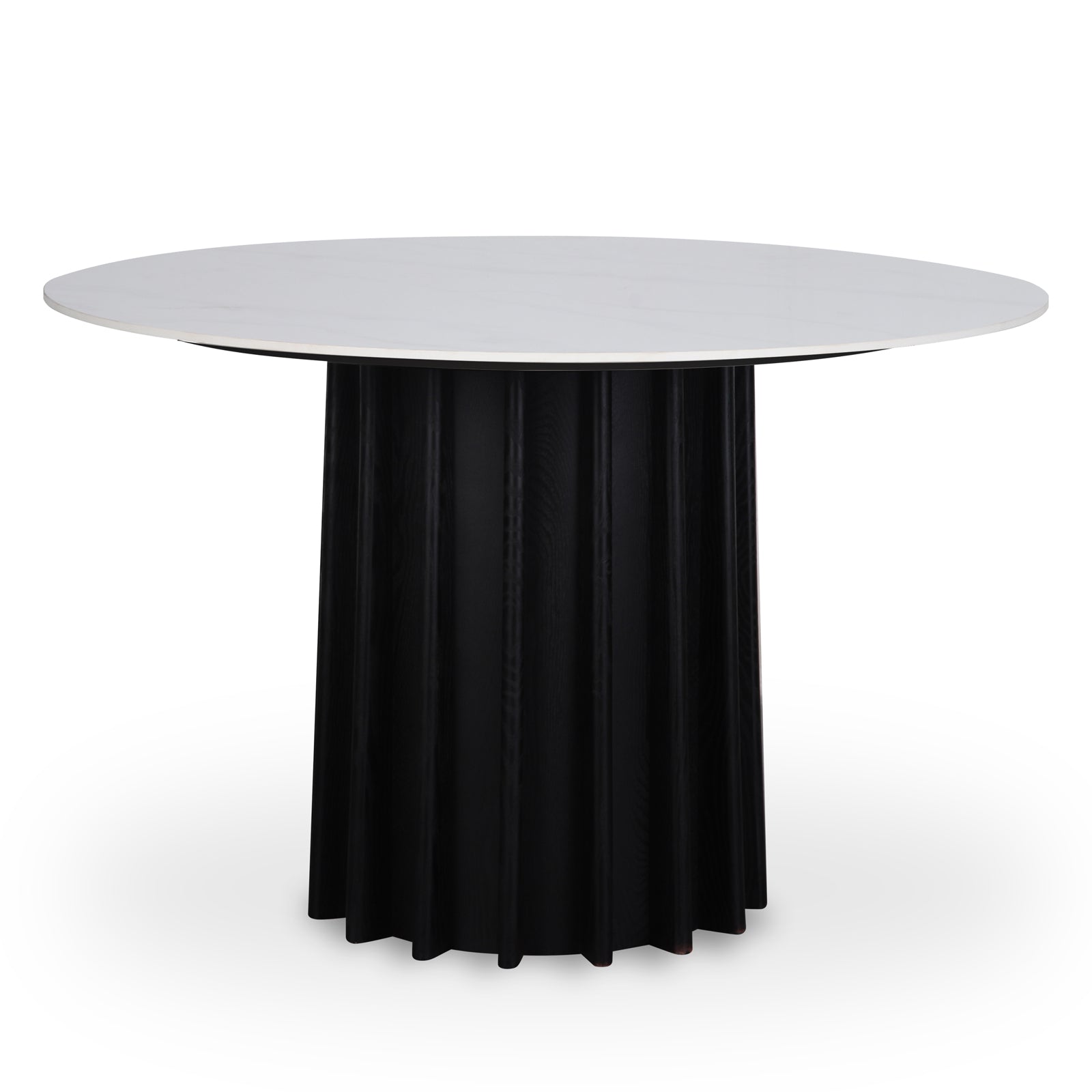 Gabi 120cm Marble Look Dining Table in Black featuring a round, smooth white tabletop atop a tall black cylindrical base with fluted detailing, offering a sophisticated and space-smart dining solution.