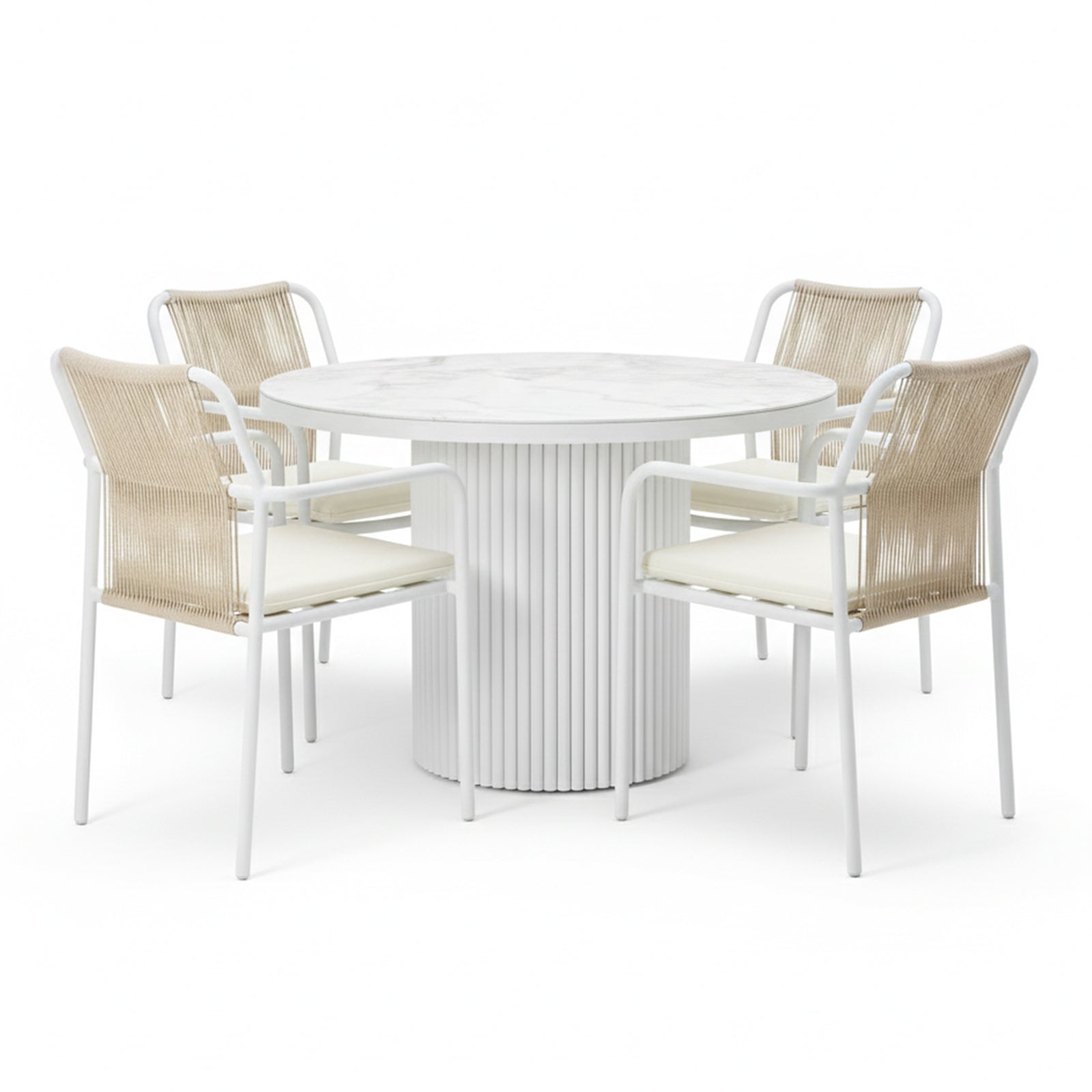 Evone 4 Seater Stone Outdoor Dining Table Set in Natural features a round, marble-look tabletop and four chairs with tan-rope backrests and light cushions, perfect for a modern patio.