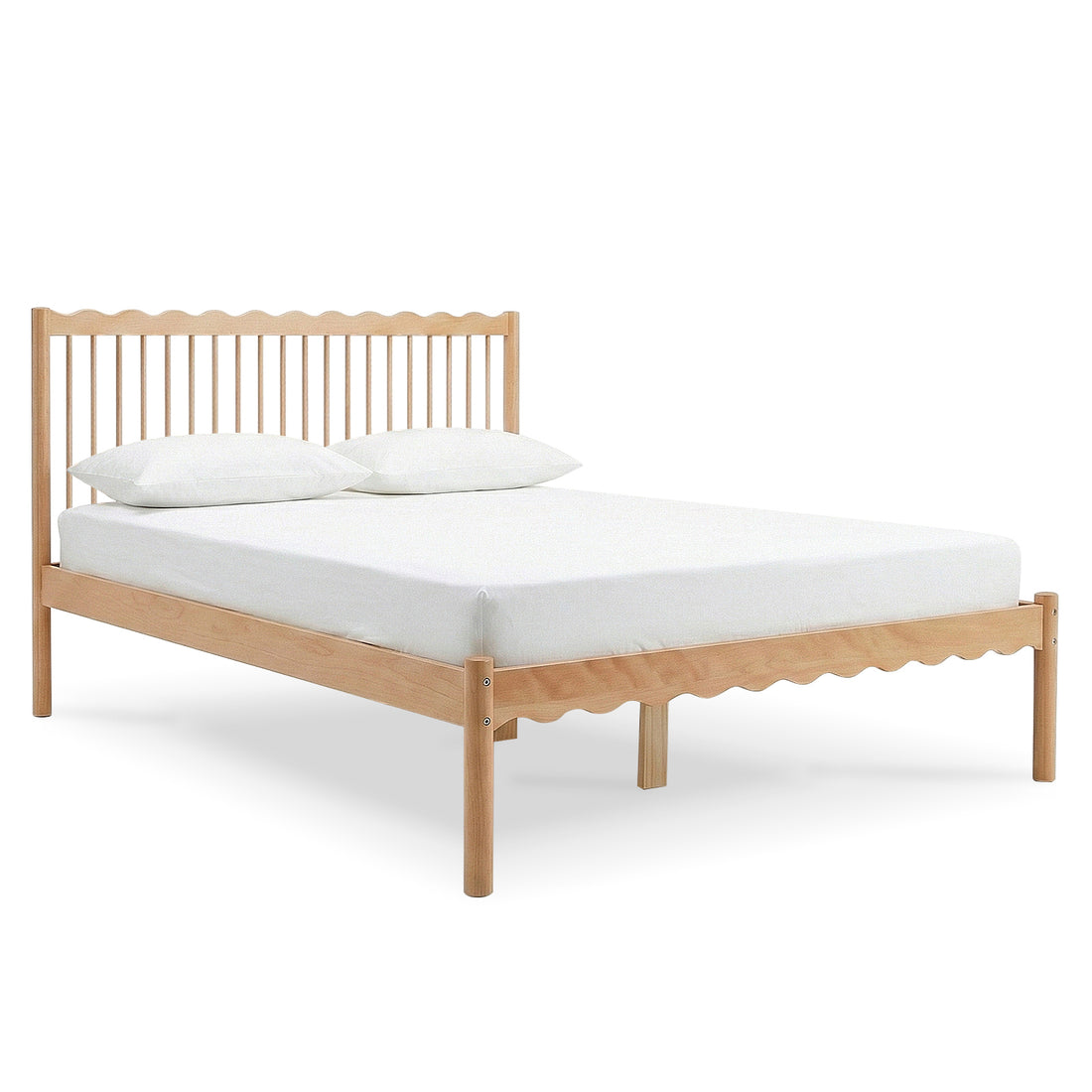 Front view of light wood bed frame with white bedding on white background
