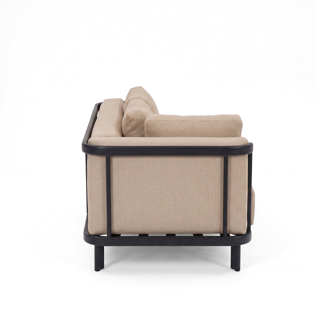 Side view detail of a beige sofa on white background.