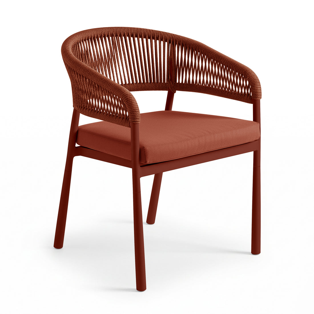 Coastal Outdoor Rope Dining Chairs Set of 2 in Burnt Orange, featuring a powder-coated metal frame with straight legs, woven rope backrest and armrests, and removable seat cushions.