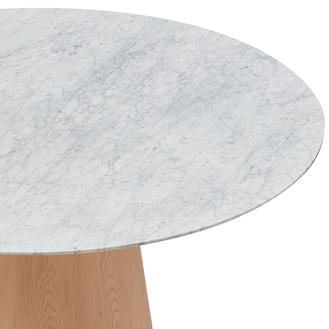 Dina 120cm Round Marble Dining Table in Carrara Natural features a white marble top with gray veining, resting on a tapered wooden pedestal base, blending elegance and warmth for a refined dining experience.