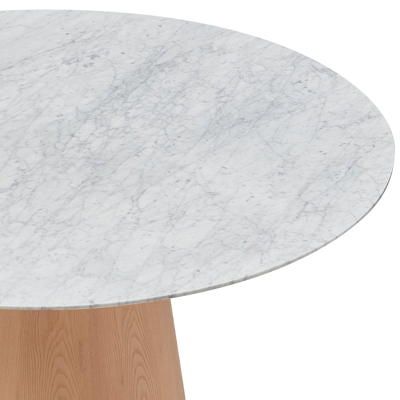 Dina 120cm Round Marble Dining Table in Carrara Natural features a white marble top with gray veining, resting on a tapered wooden pedestal base, blending elegance and warmth for a refined dining experience.