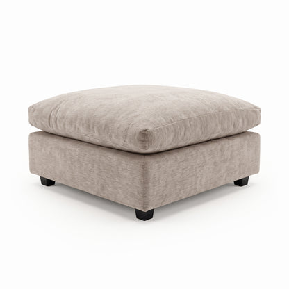 Large square taupe-beige ottoman on a white background.