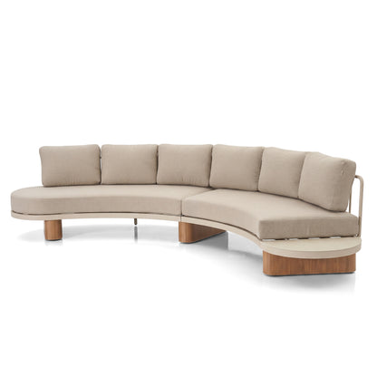 Modern curved sectional sofa with light beige upholstery on a white background