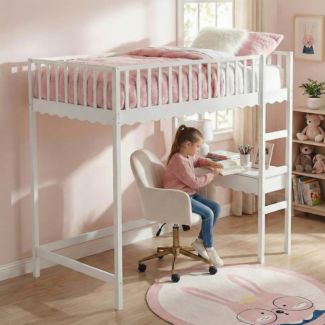 White loft bed with integrated desk in a child's pastel bedroom