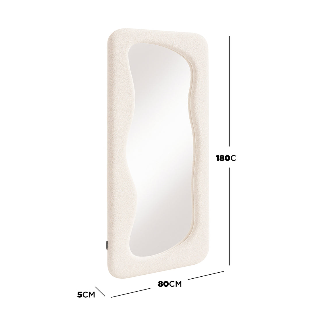 Sabrina 180cm Curved Full Length Mirror in Beige features a wavy-edged mirror set in a softly textured, rounded-corner frame, offering a stylish, full-body reflection to enhance any room's ambiance.