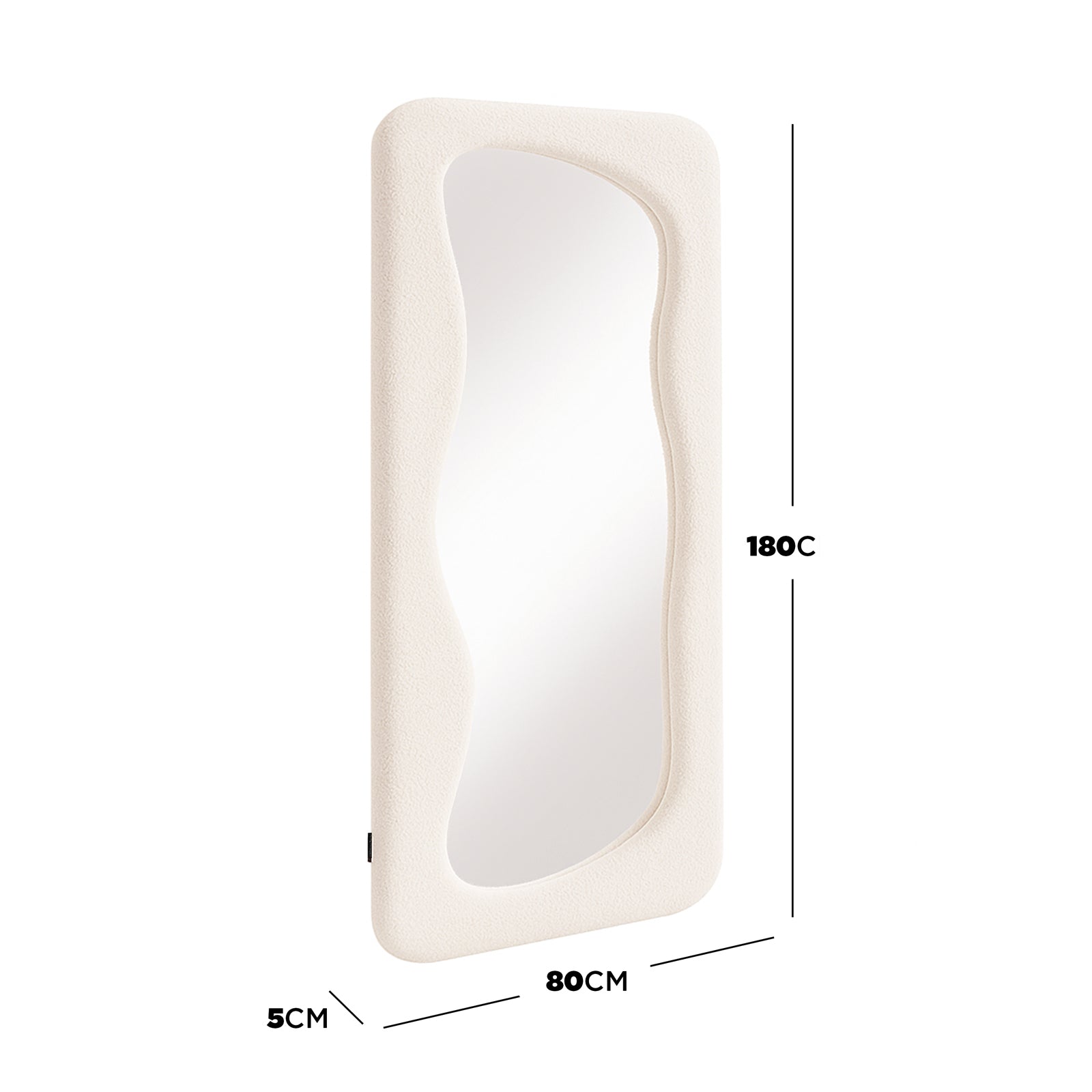 Sabrina 180cm Curved Full Length Mirror in Beige features a wavy-edged mirror set in a softly textured, rounded-corner frame, offering a stylish, full-body reflection to enhance any room's ambiance.