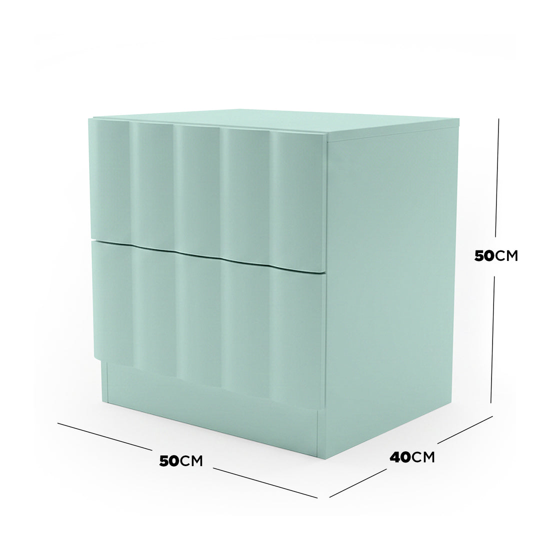 Pale blue bedside table with drawer dimensions labeled on white background