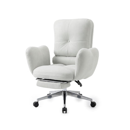 Light upholstered office chair with extended footrest on white background