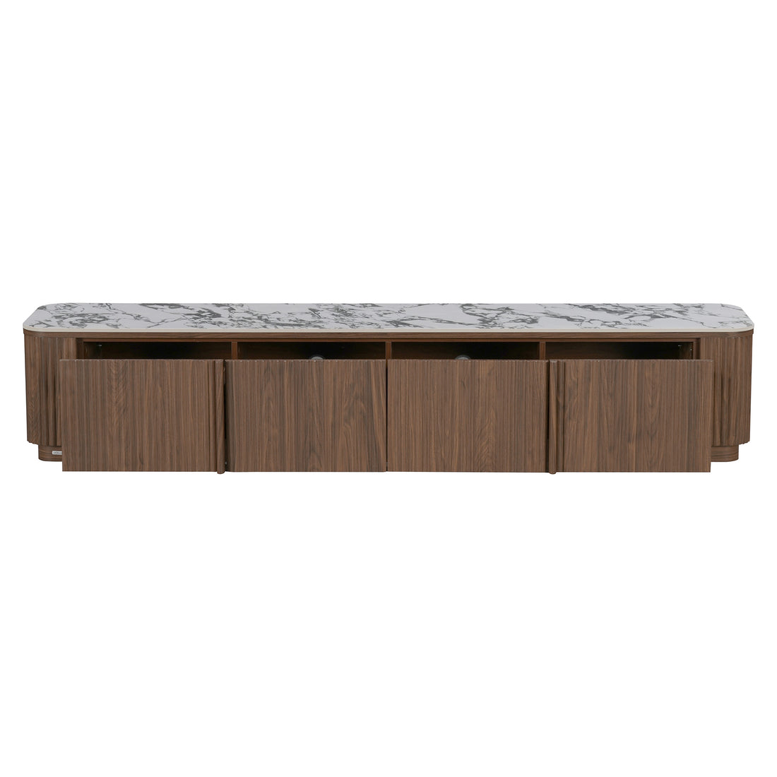 Modern wooden media console with marble-look top on white background