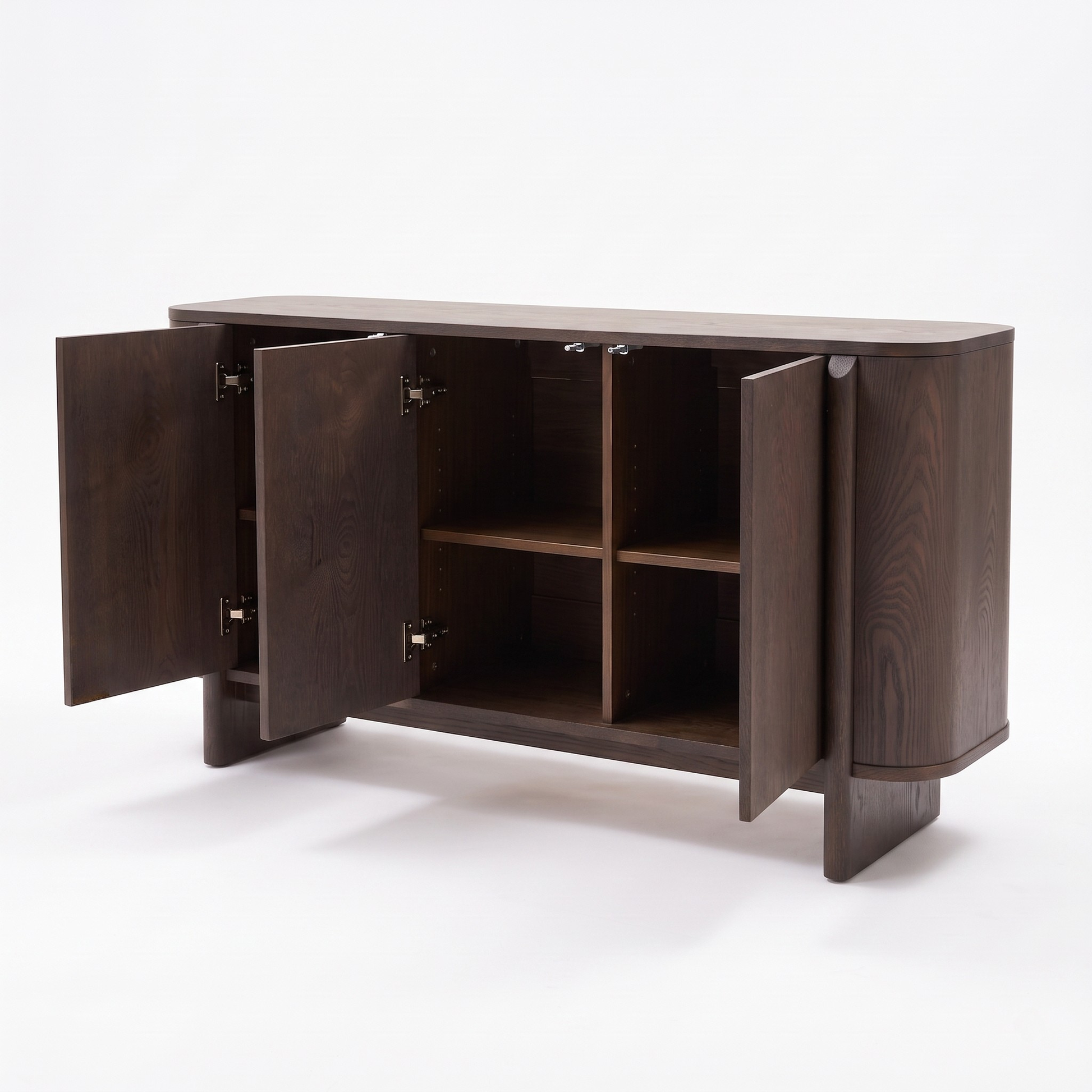Dark wood sideboard with open cabinet doors on a white background