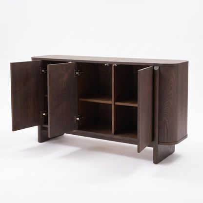 Dark wood sideboard with open cabinet doors on a white background