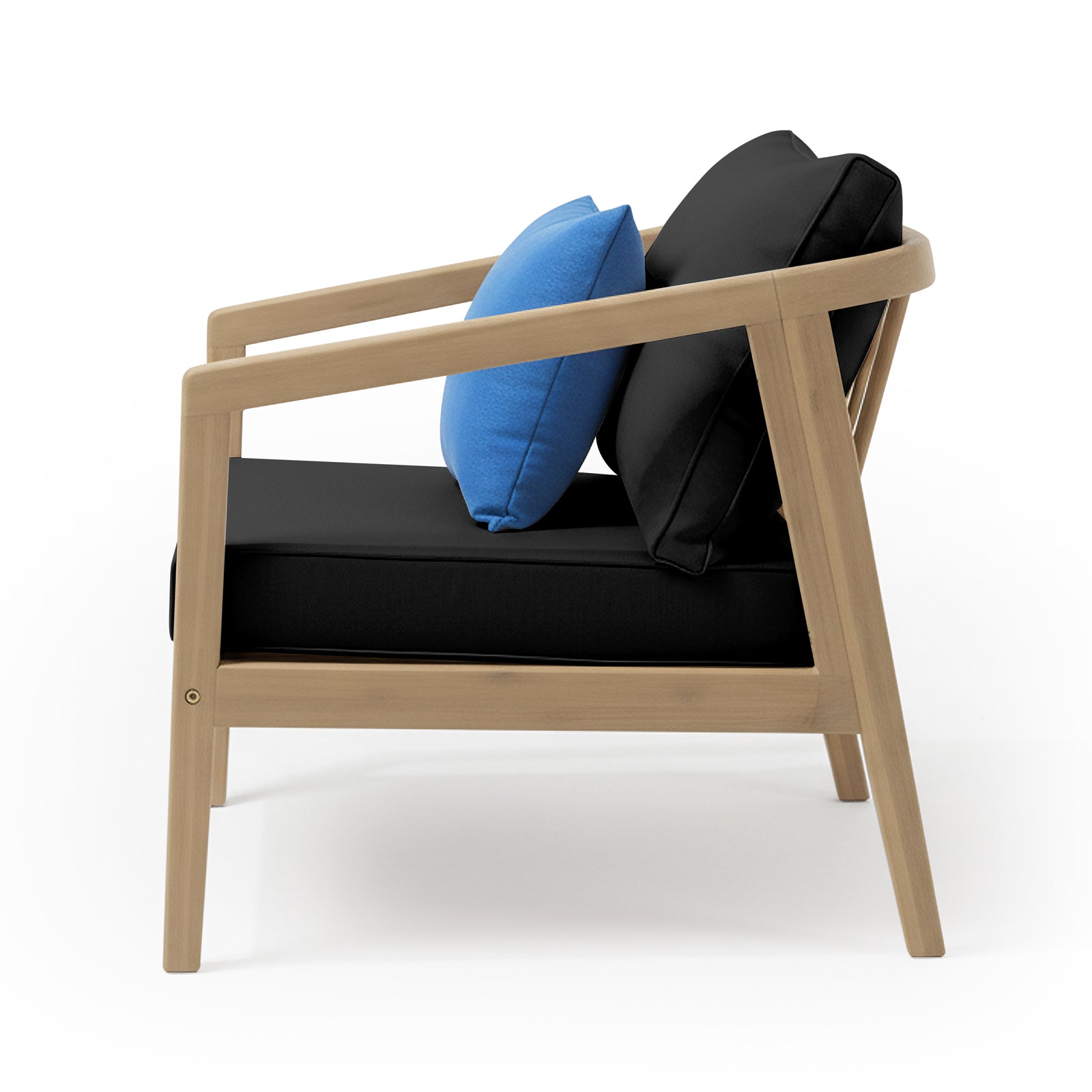 Delva 4 Seater Hardwood Acacia Outdoor Sofa Set in Black, featuring a modern lounge chair with a light-wood frame, thick black cushions, and a bright blue throw pillow against a white backdrop.