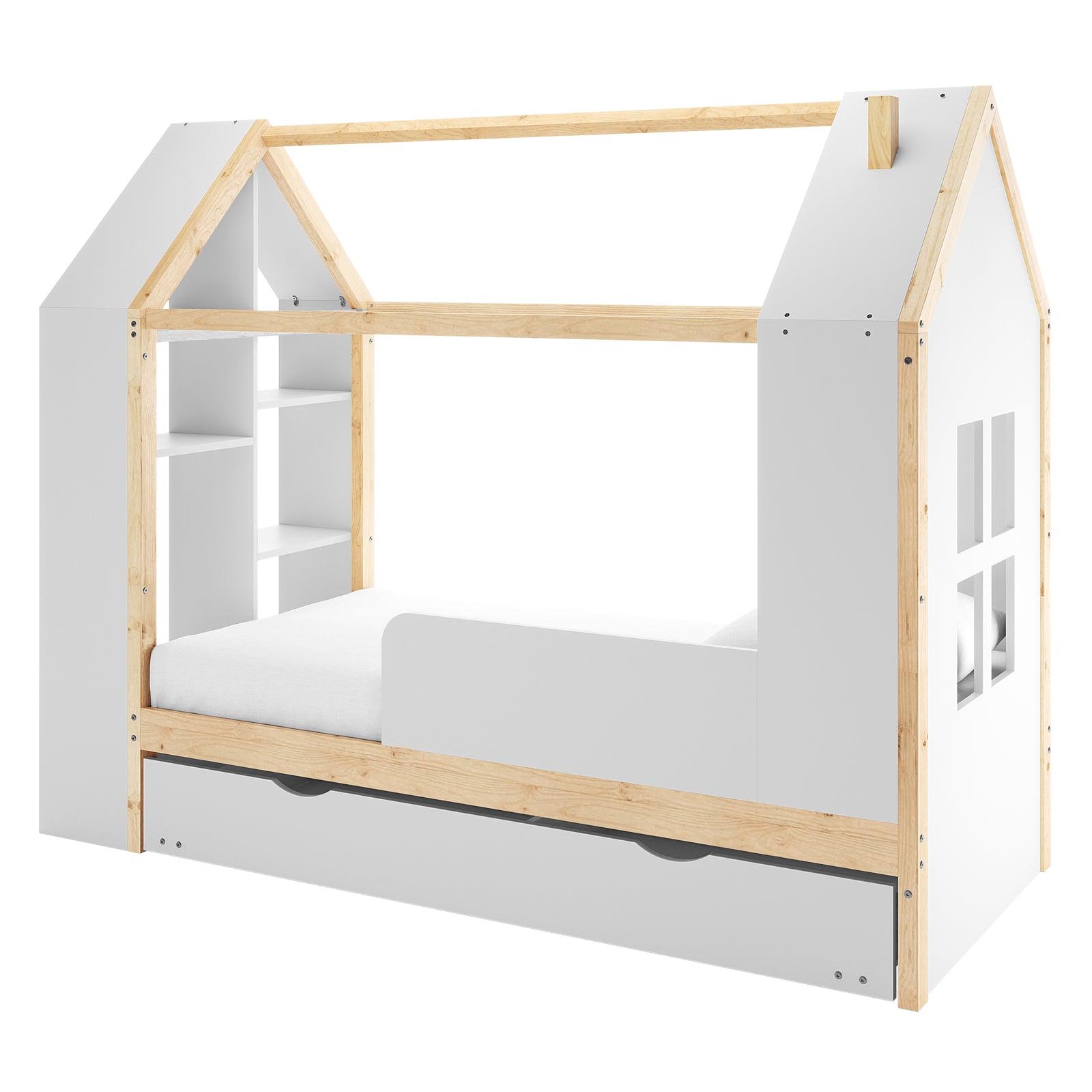 Haron Single Cubby House Bed Storage in White & Natural, featuring a house-like frame, low guardrail, built-in shelving, and large underbed drawer, designed for playful adventures and practical storage.