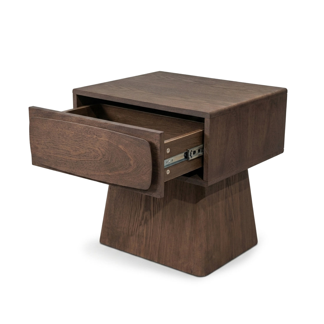 Wooden nightstand with open drawer on a white background