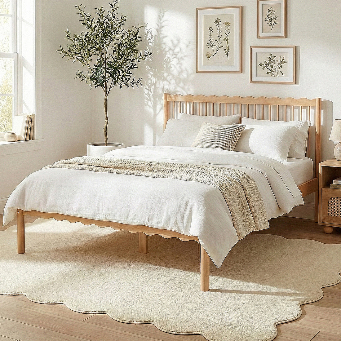 Wood bed frame in bright minimalist bedroom with rug and décor
