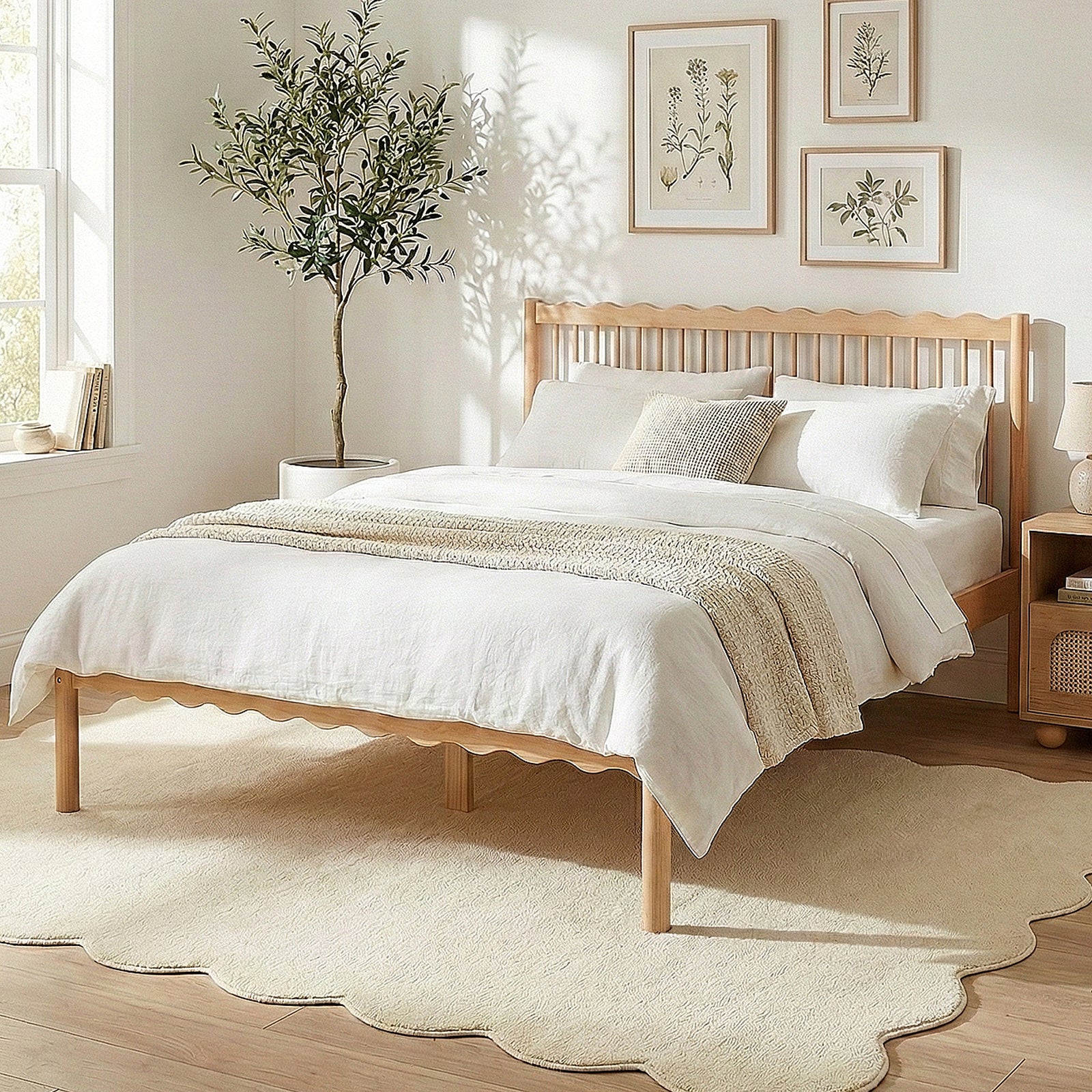 Wood bed frame in bright minimalist bedroom with rug and décor