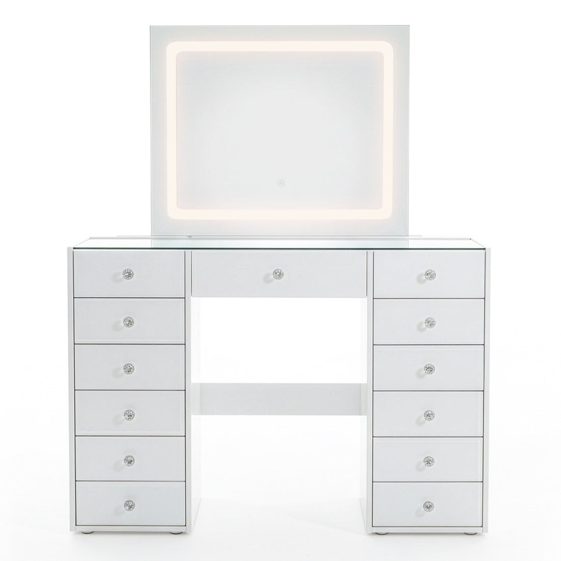 White vanity desk with glowing LED mirror and crystal knobs on white background