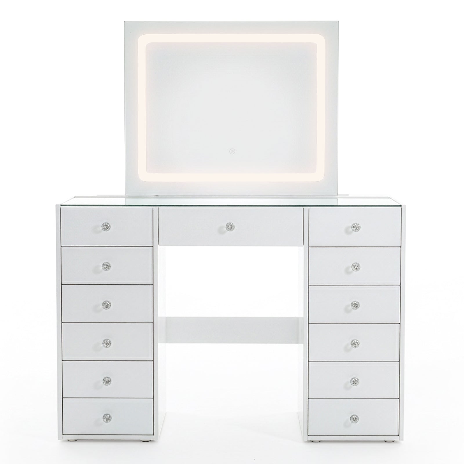 White vanity desk with glowing LED mirror and crystal knobs on white background