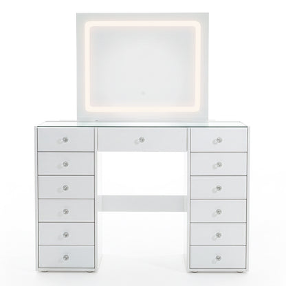 White vanity desk with glowing LED mirror and crystal knobs on white background