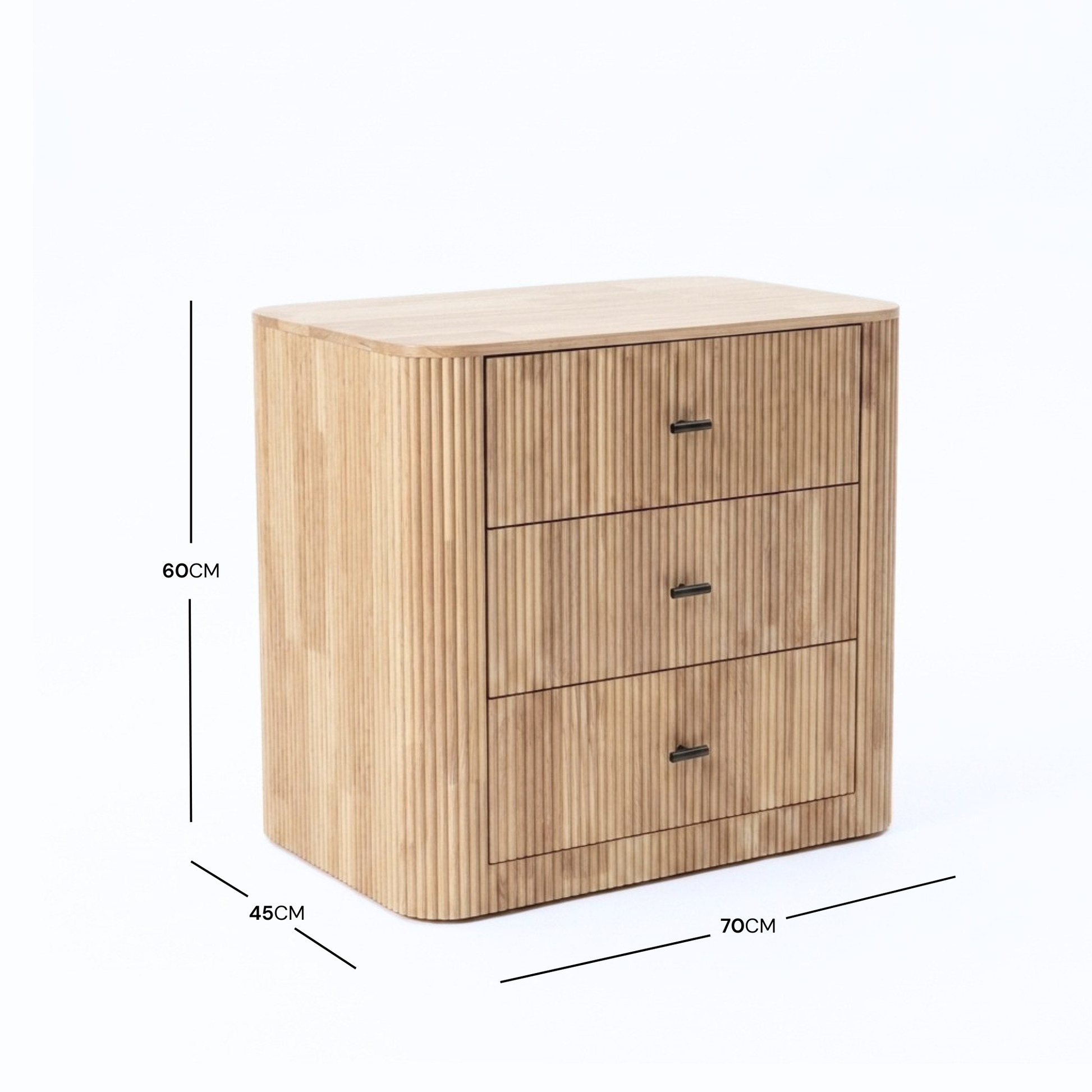 Wooden three-drawer chest with dimension lines showing height, width, and depth
