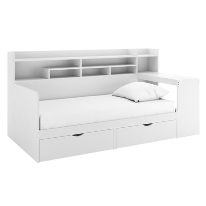 The Hally Storage Single Bed with Desk and Drawers in White features two pull-out drawers, a backboard with open cubby shelves, and an attached side desk, perfect for space-saving organization.