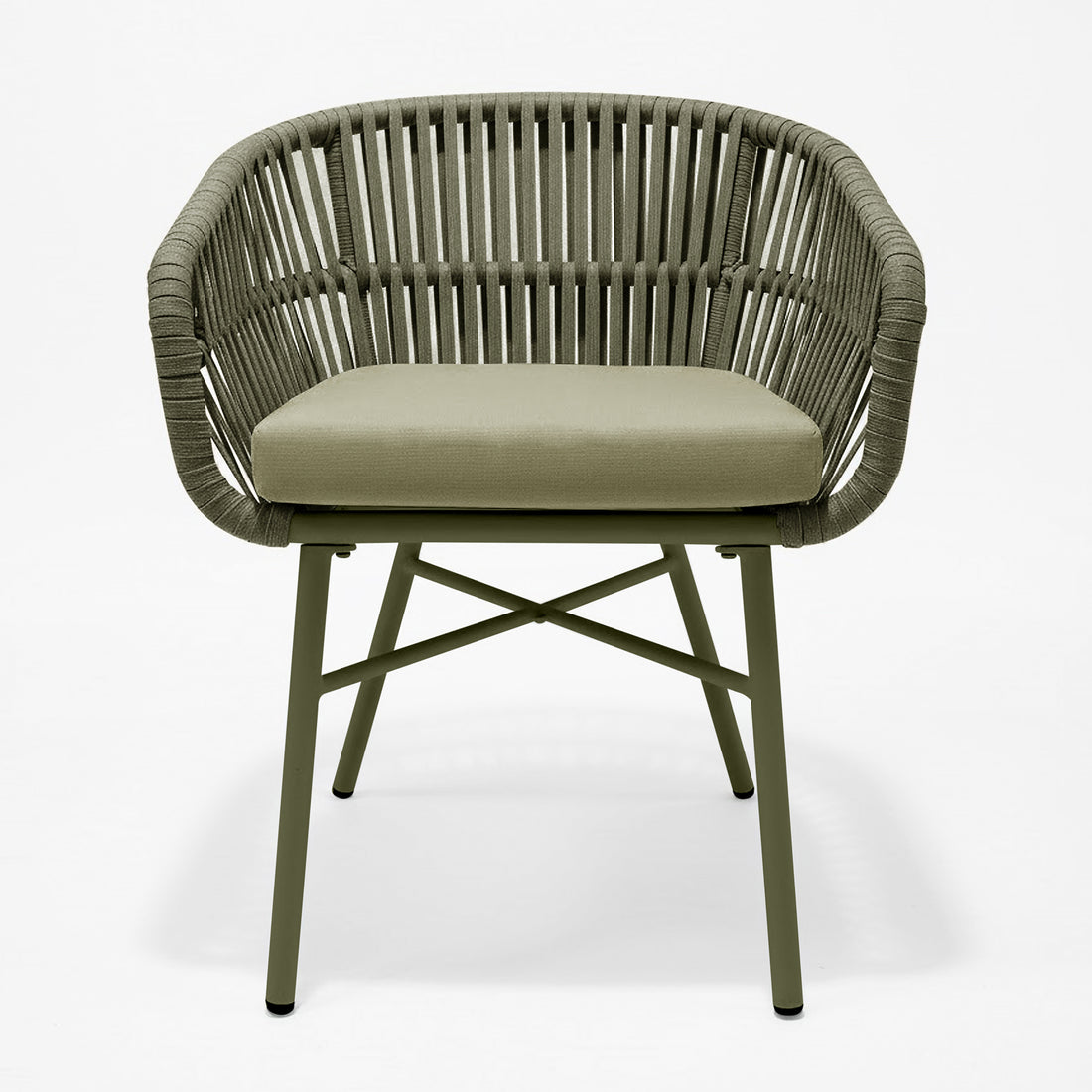 Marula Rope Outdoor Dining Chairs in Green Set of 4 features a tubular metal frame with woven rope backrest and cushioned seat, showcasing a modern-industrial design ideal for stylish outdoor dining.