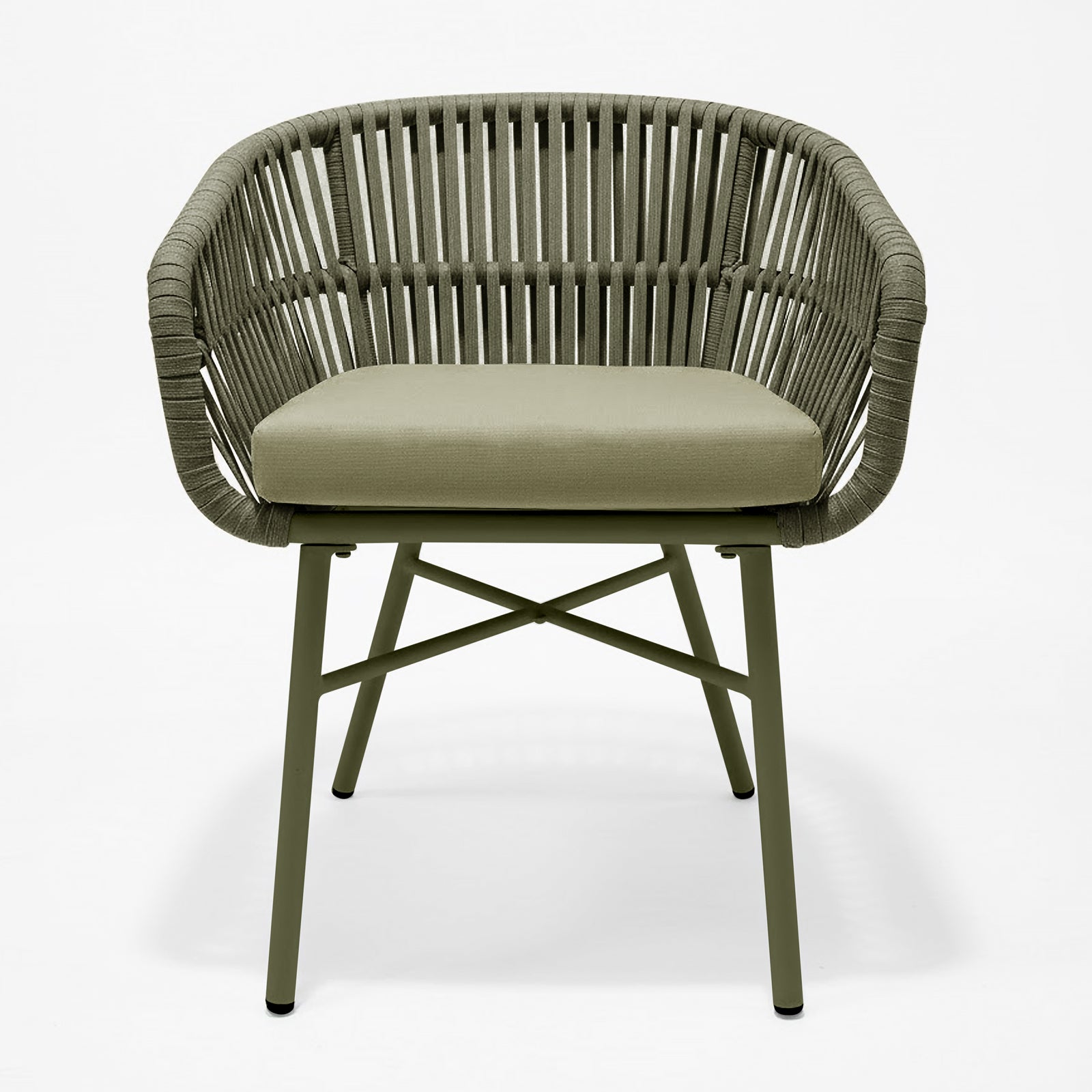 Marula Rope Outdoor Dining Chairs in Green Set of 4 features a tubular metal frame with woven rope backrest and cushioned seat, showcasing a modern-industrial design ideal for stylish outdoor dining.