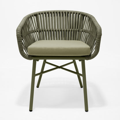 Marula Rope Outdoor Dining Chairs in Green Set of 4 features a tubular metal frame with woven rope backrest and cushioned seat, showcasing a modern-industrial design ideal for stylish outdoor dining.