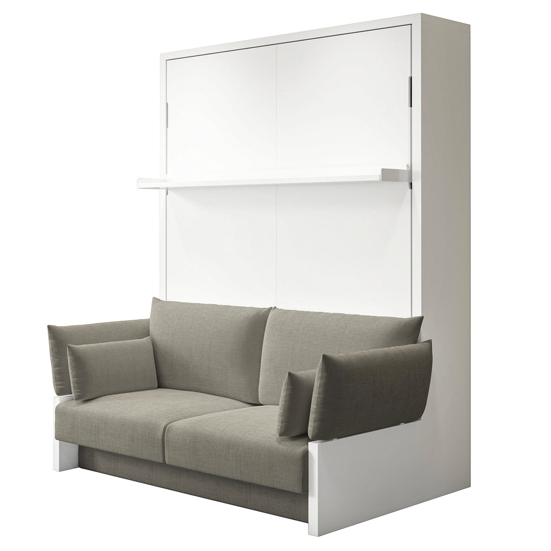 Luxo Byron Sofa Foldout Queen Wall Bed White & Grey features a tall white cabinet with an integrated grey upholstered sofa, transforming seamlessly from seating to a queen-sized bed for space-saving functionality.