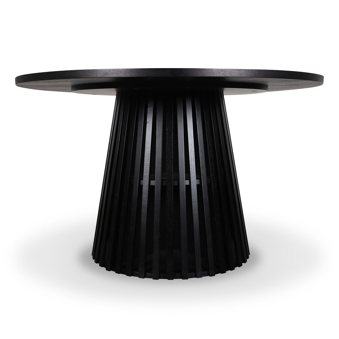 Riri 120cm Round Fluted Wood Dining Table in Black features a smooth, circular top and a striking fluted conical pedestal base, offering a sleek, modern design ideal for stylish dining spaces.