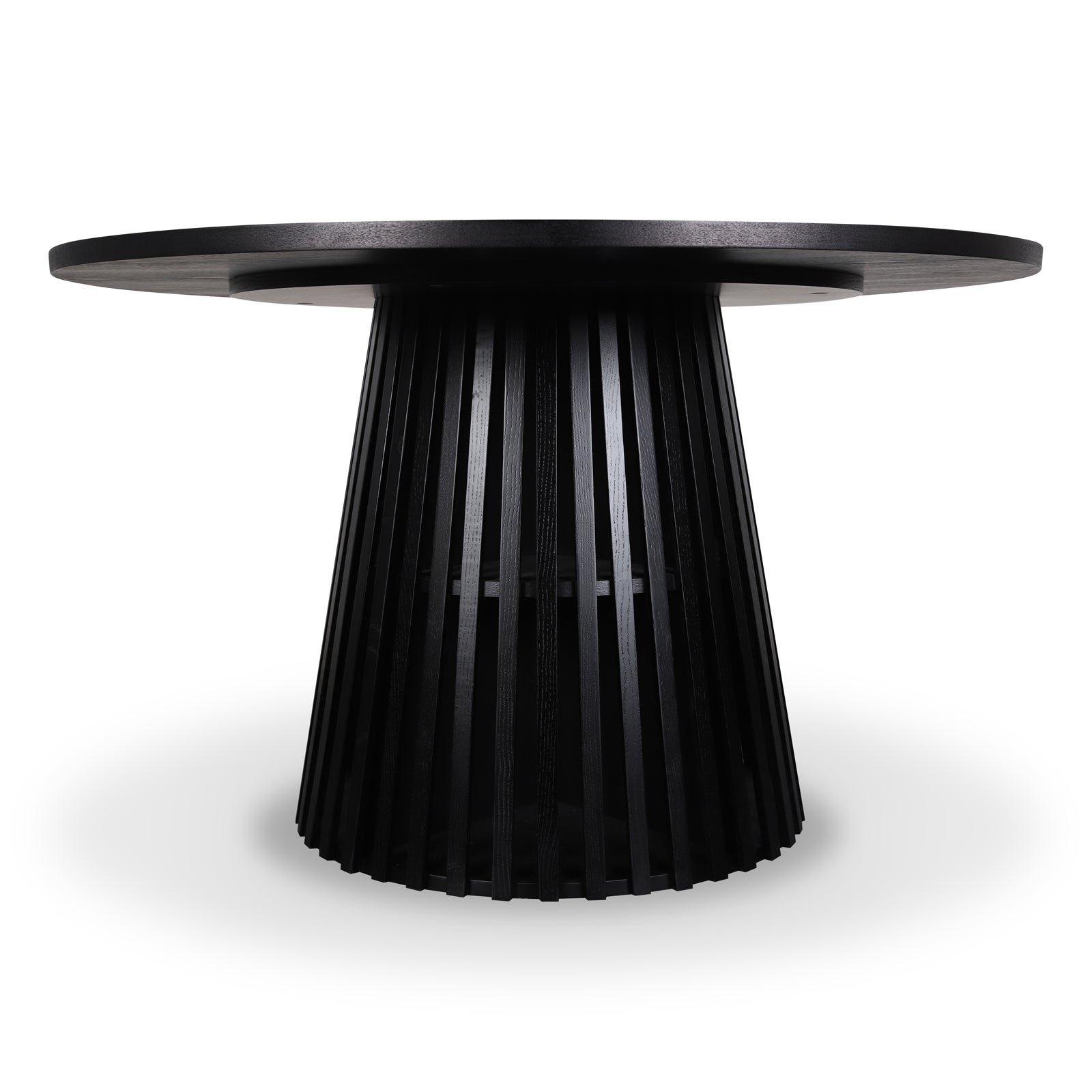 Riri 120cm Round Fluted Wood Dining Table in Black features a smooth, circular top and a striking fluted conical pedestal base, offering a sleek, modern design ideal for stylish dining spaces.