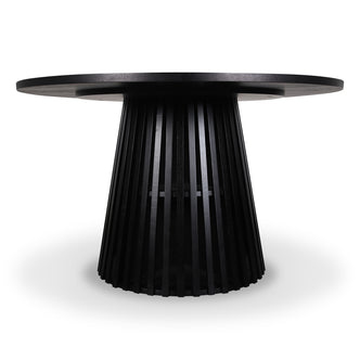 Riri 120cm Round Fluted Wood Dining Table in Black features a smooth, circular top and a striking fluted conical pedestal base, offering a sleek, modern design ideal for stylish dining spaces.