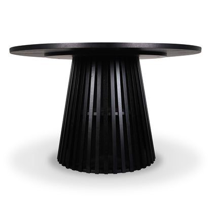 Riri 120cm Round Fluted Wood Dining Table in Black features a smooth, circular top and a striking fluted conical pedestal base, offering a sleek, modern design ideal for stylish dining spaces.