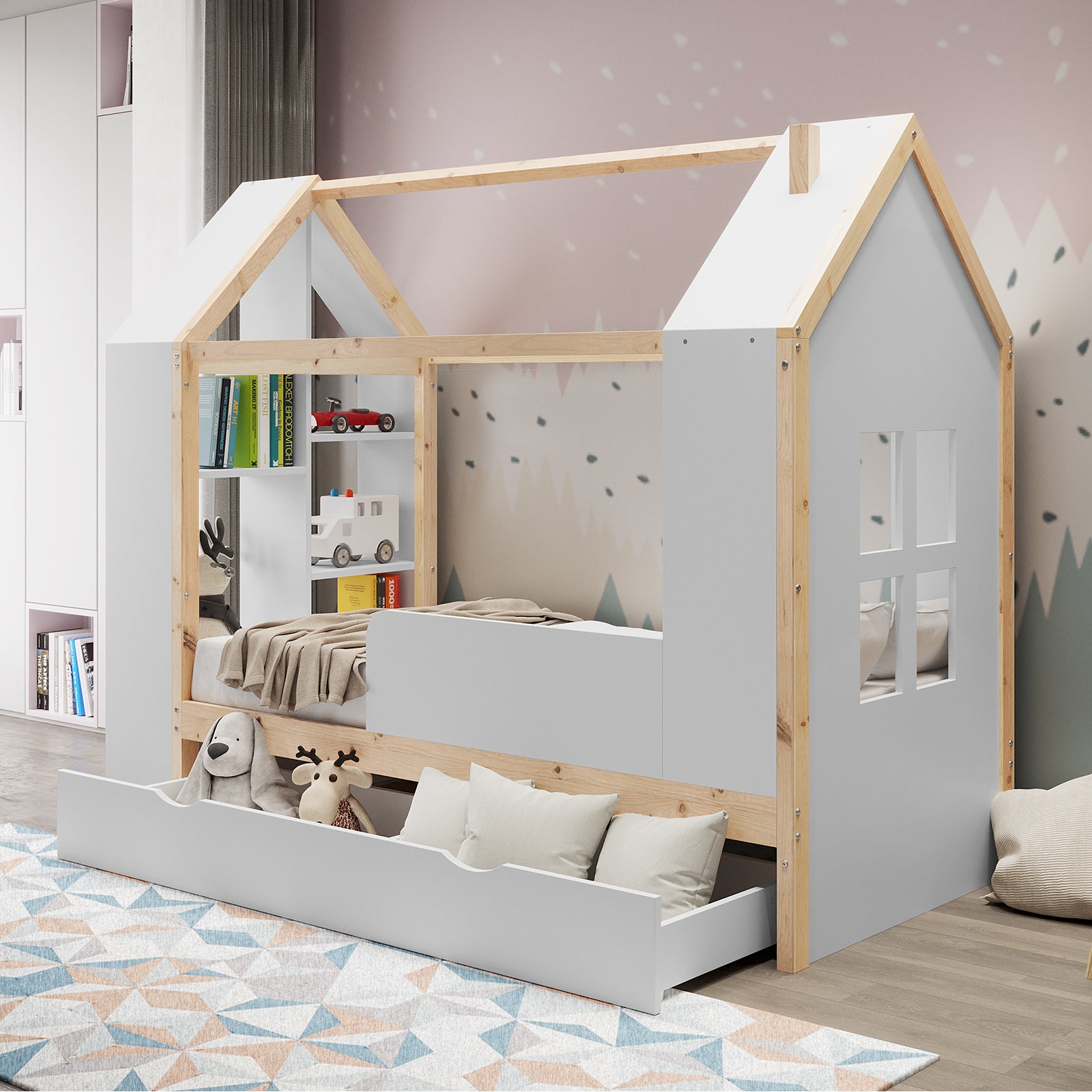 Haron Single Cubby House Bed Storage in White & Natural, featuring a house-shaped frame with a cut-out window, shelving for books and toys, and a large underbed drawer for added storage.