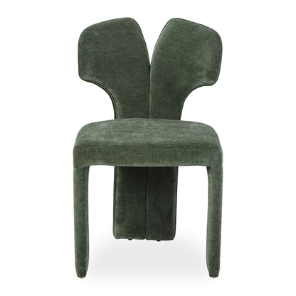 Green chair with petal-shaped backrest on white background