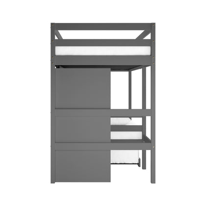 Aron Single Storage Bunk Bed with Trundle in Grey, shown in a straight-on view, features a minimalist two-tier design with sliding panels and crisp white mattresses, ideal for space-saving and organization.