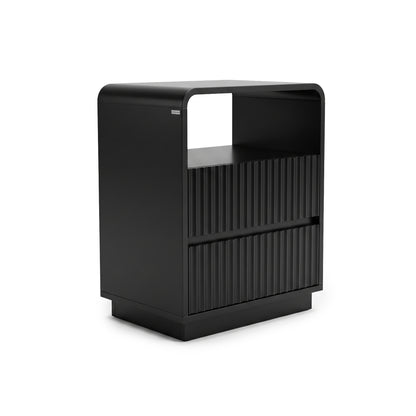 Modern black nightstand with open shelf and textured lower section on a white background