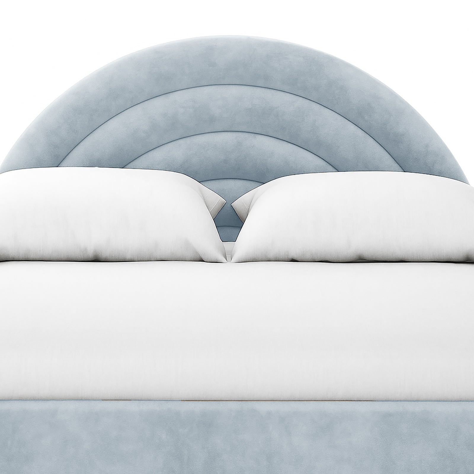 Estilla Velvet Rainbow Bed in Ice Blue, featuring a soft velvet headboard with arch-shaped panels, white linens, and two propped pillows, creating a cozy and stylish bedroom atmosphere.