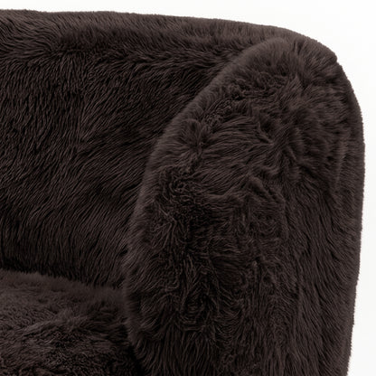 Close-up of a chocolate brown faux fur upholstered accent chair section on a white background