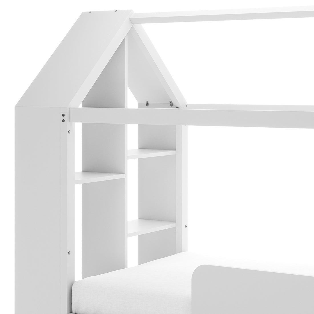Haron Single Cubby House Bed Storage in White featuring a house-shaped frame, pitched roof supports, mattress platform, and built-in cubby shelves for toys and books, creating a cozy children's space.