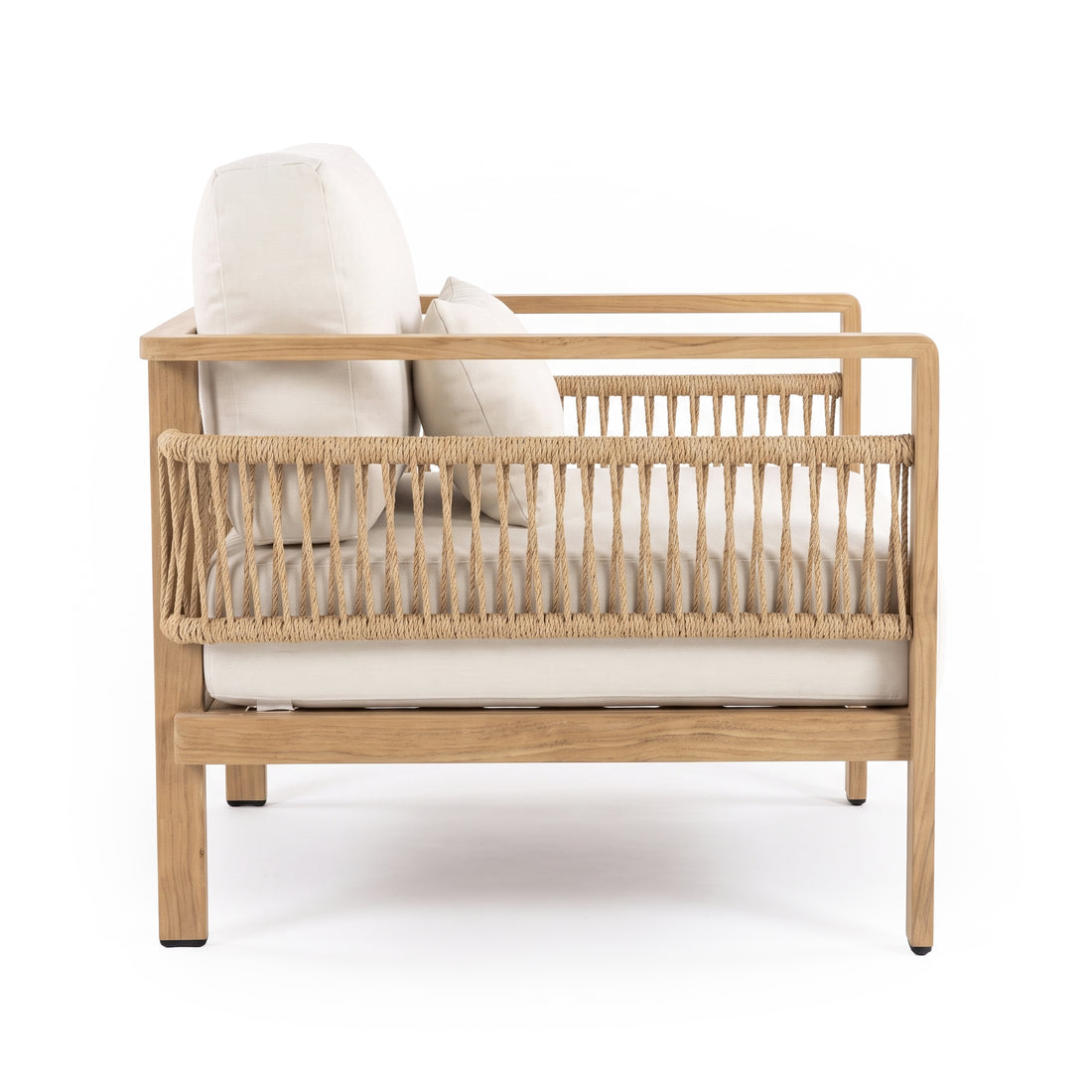 Side view of a lounge chair with wood frame, rope details, and cushions on a white background