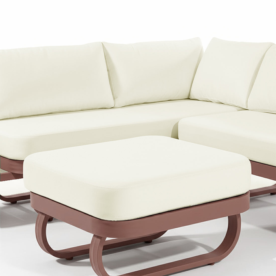 Paloma Modular Outdoor Lounge Set in Terracotta features an L-shaped ivory upholstered sectional with a matching ottoman and distinctive curved tubular bases, perfect for a stylish outdoor setting.