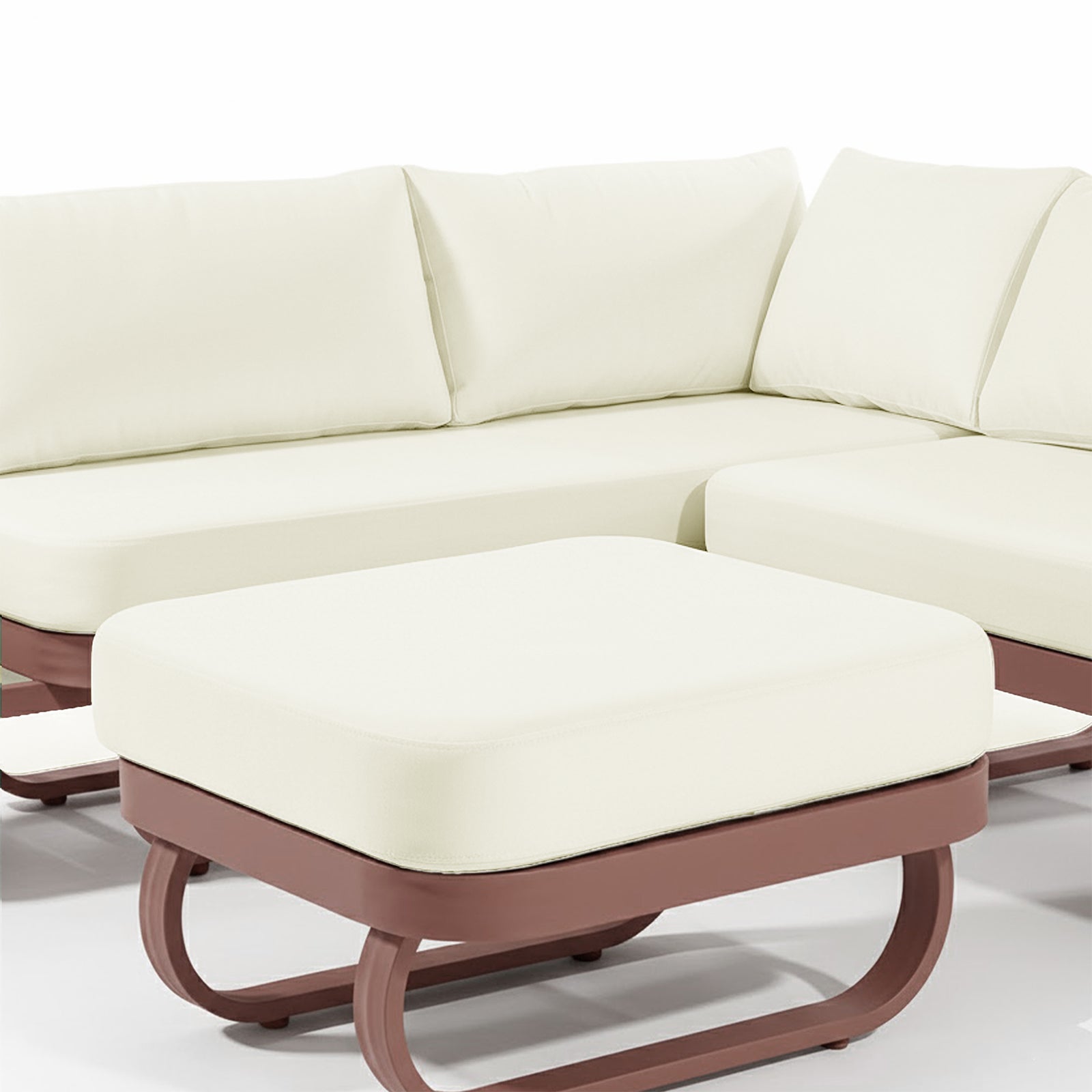 Paloma Modular Outdoor Lounge Set in Terracotta features an L-shaped ivory upholstered sectional with a matching ottoman and distinctive curved tubular bases, perfect for a stylish outdoor setting.