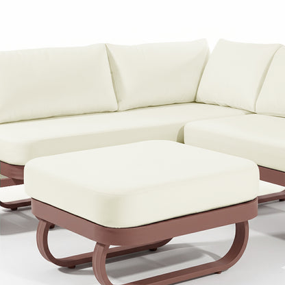 Paloma Modular Outdoor Lounge Set in Terracotta features an L-shaped ivory upholstered sectional with a matching ottoman and distinctive curved tubular bases, perfect for a stylish outdoor setting.