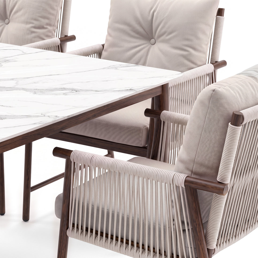 Partial view of a dining chair and table corner on a white background