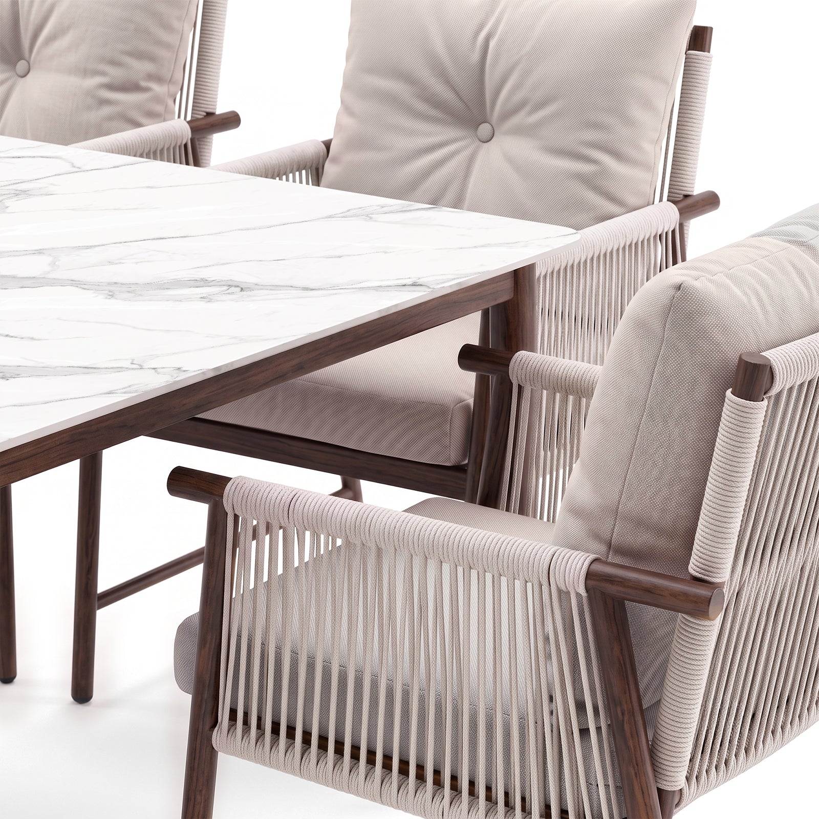 Partial view of a dining chair and table corner on a white background