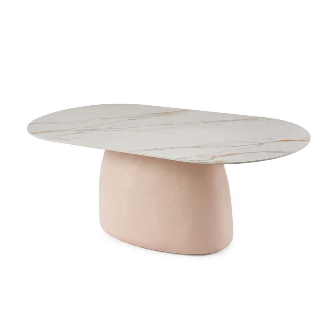 Oval coffee table with light marble-look top and rounded pink base on a plain white background