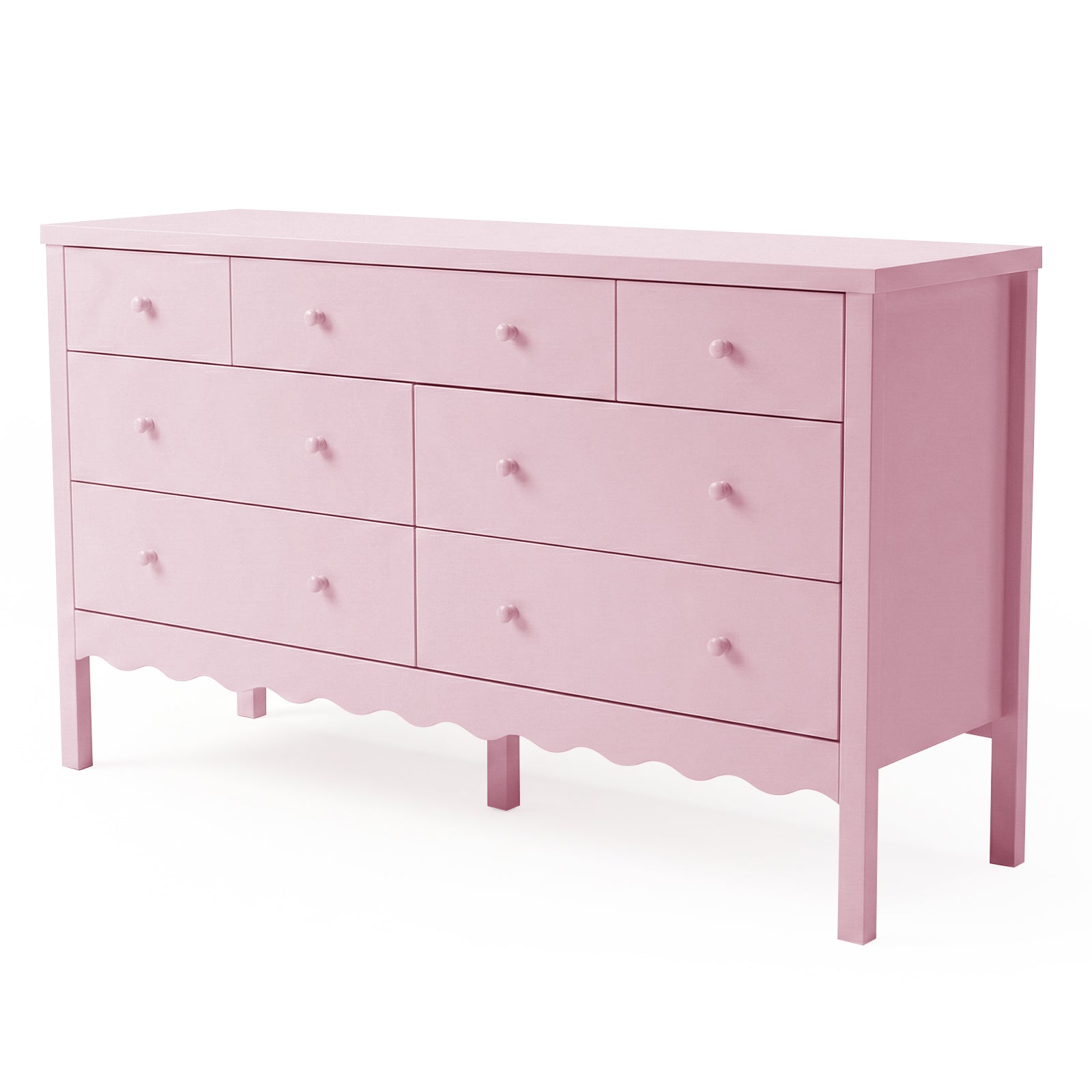 Pink dresser with nine drawers on white background